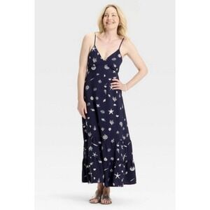 NWOT A New Day Navy Seashell Starfish Open Back Maxi Dress Pockets M